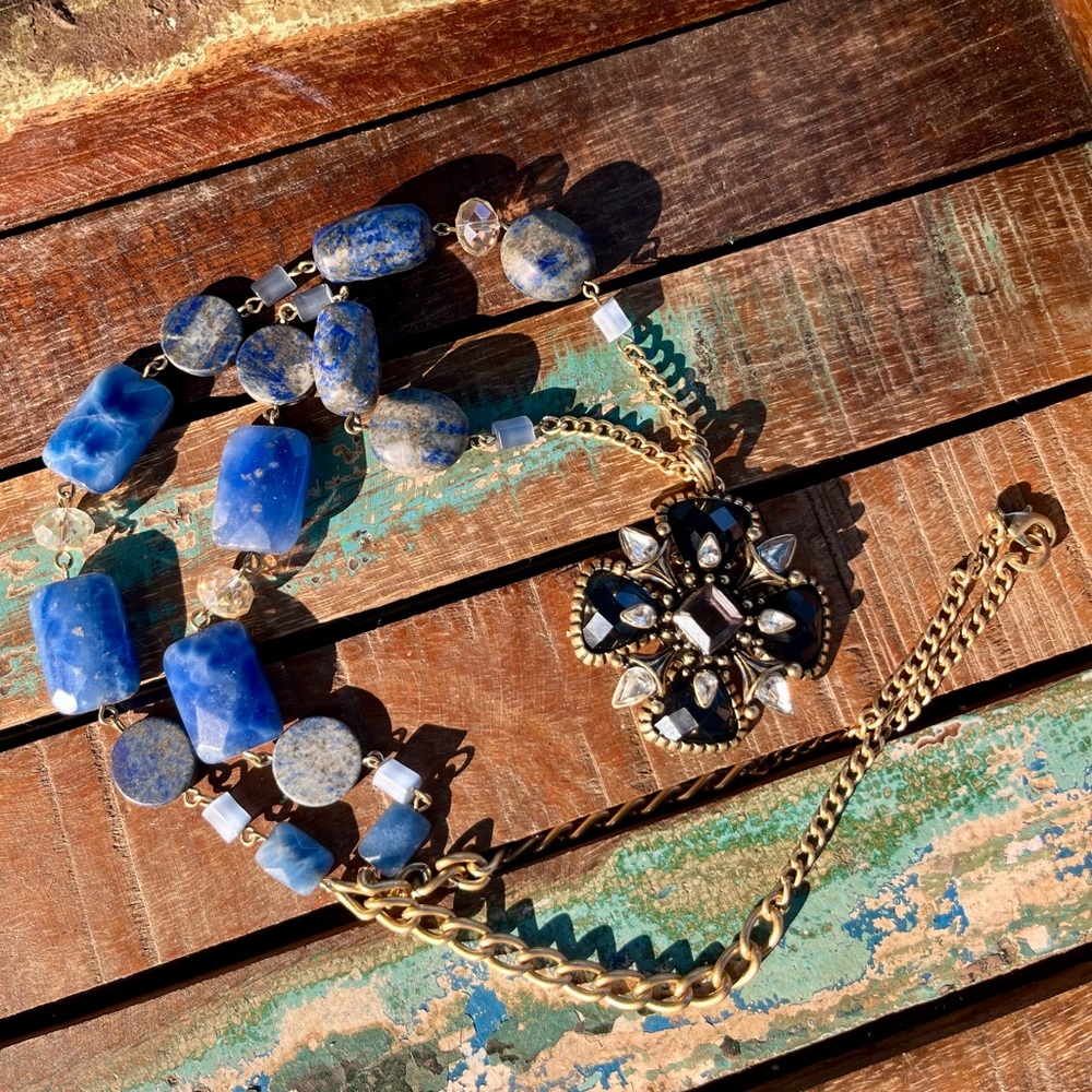 Anthropologie Blue and Gold Statement Necklace